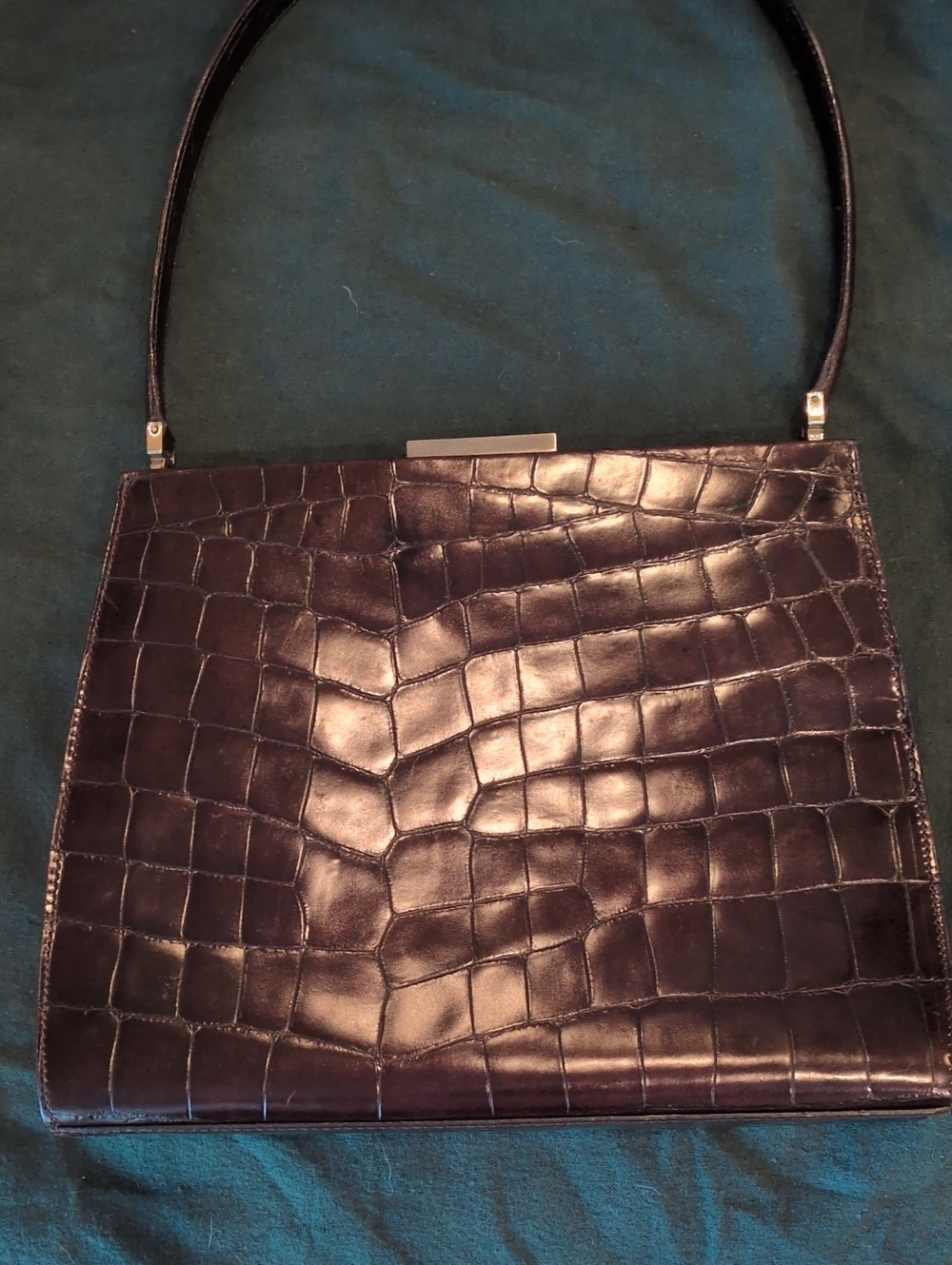 Vintage Cole Haan Chocolate Brown Croc-Embossed Leather Framed Handbag - Picture 5 of 10